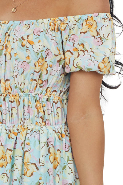 Sky Blue Floral Print Puff Sleeve Mini Dress