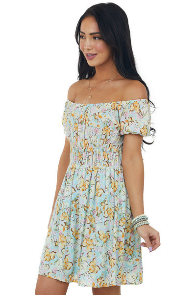 Sky Blue Floral Print Puff Sleeve Mini Dress