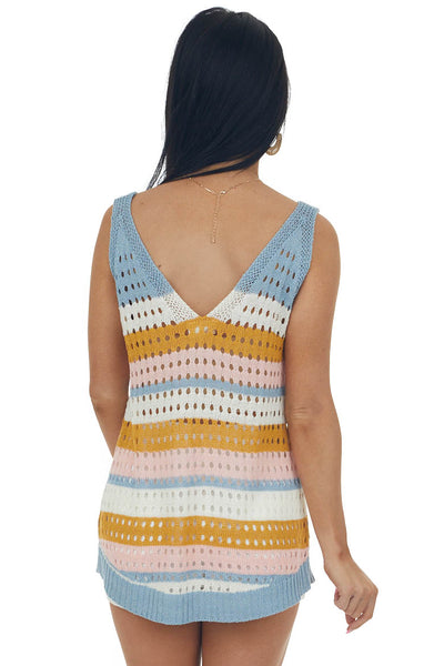 Slate Blue Striped Knit Tank Top with Cutouts