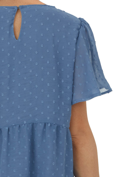 Slate Blue Swiss Dot Tiered Short Sleeve Blouse