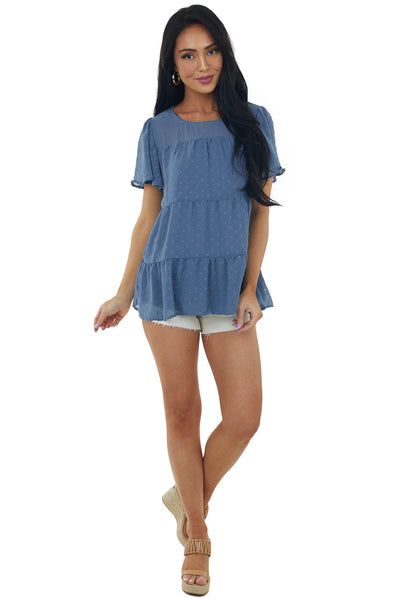Slate Blue Swiss Dot Tiered Short Sleeve Blouse