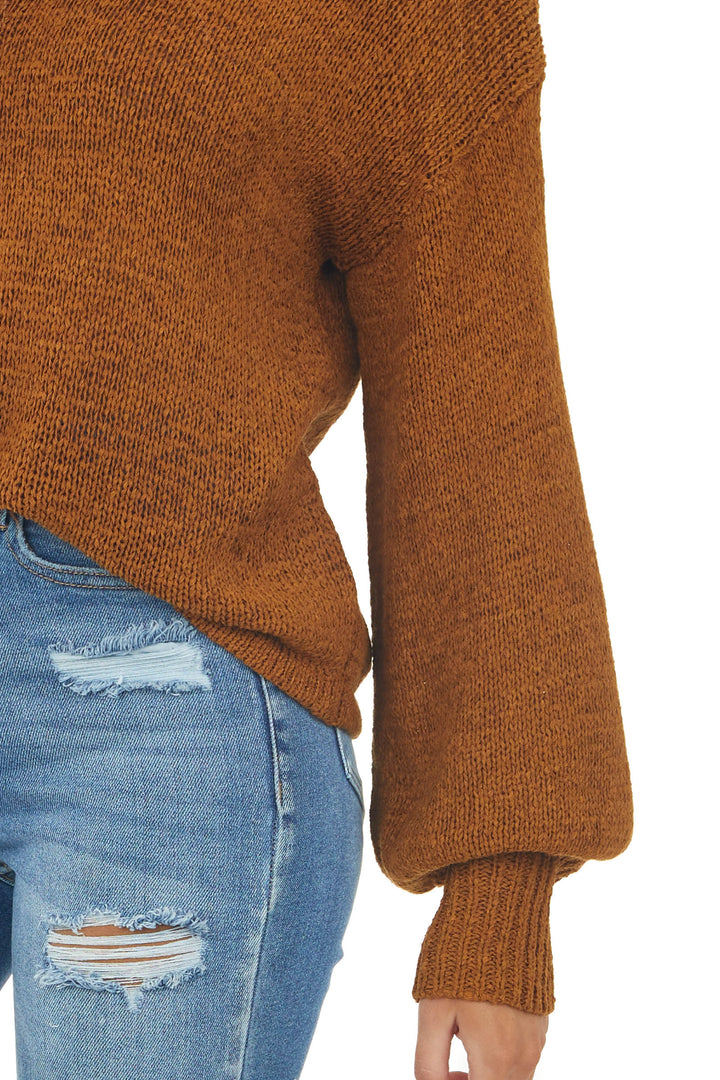 Spice Brown Long Bubble Sleeve Knit Sweater