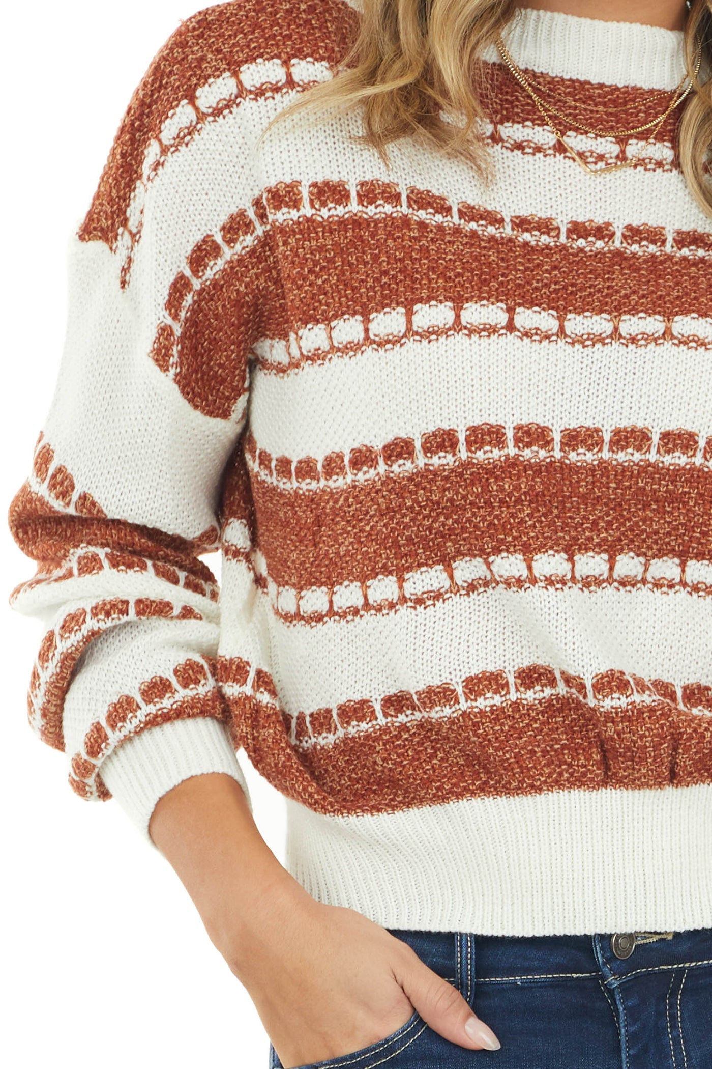Spice and Off White Stripe Patterned Knit Sweater