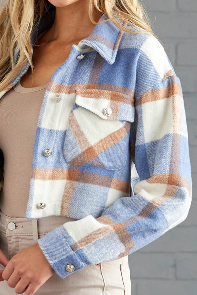 Steel Blue Plaid Button Up Long Sleeve Crop Jacket