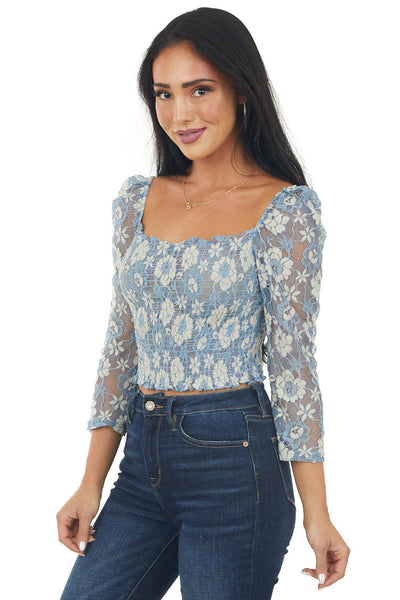 Steel Blue Smocked Floral Lace 3/4 Sleeve Crop Top