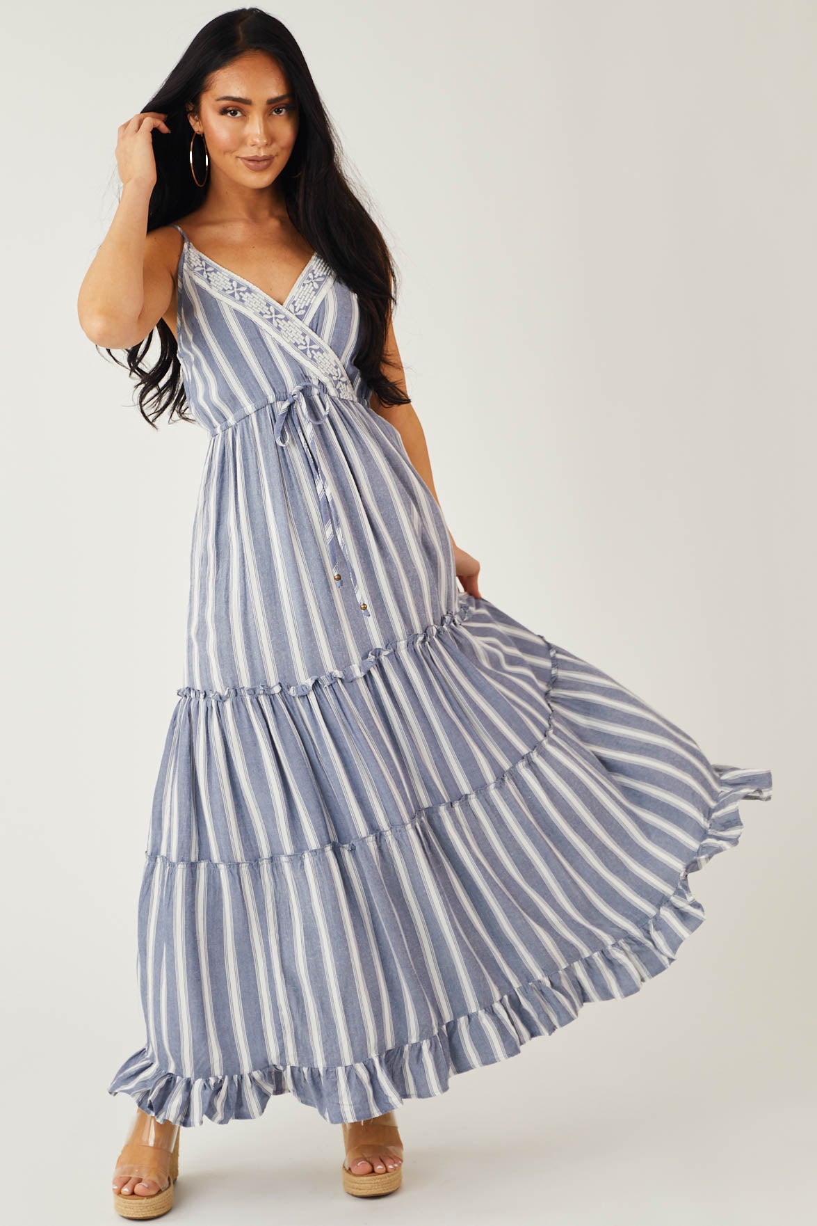 Steel Blue Striped Tiered Surplice Maxi Dress