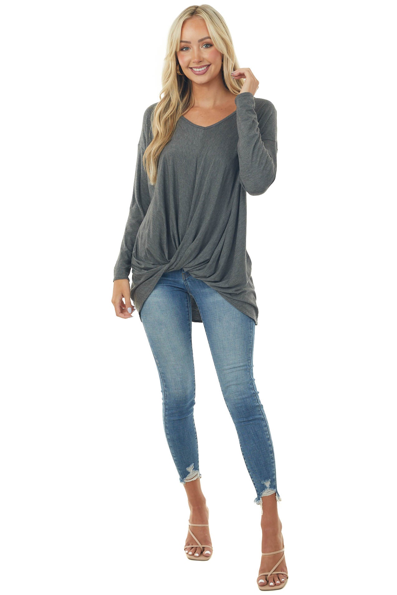 Stone Grey Long Sleeve Knit Top with Front Twist Detail
