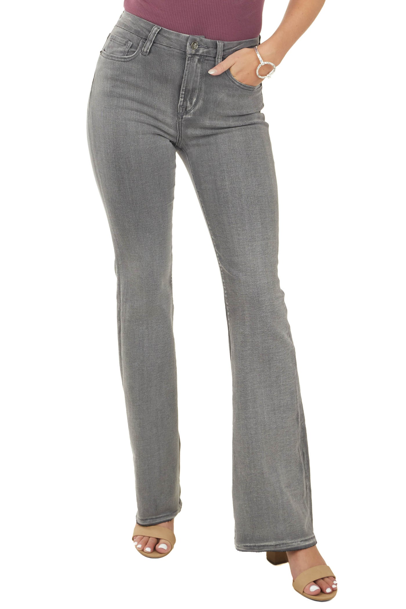Stone Grey Washed High Rise Flare Jeans