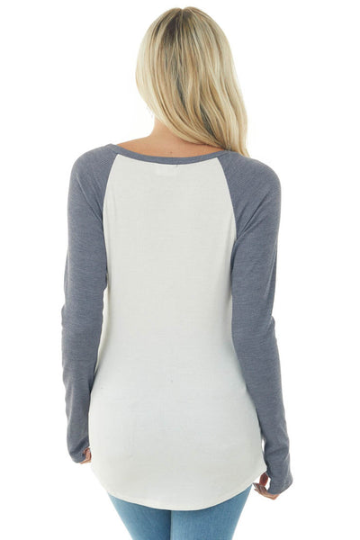 Stormy Grey and Ivory Long Sleeve Top with X Stitch Detail