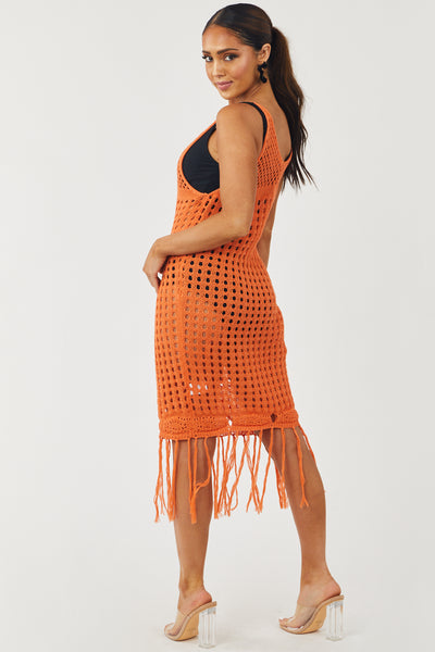 Sunset Open Crochet Tank Dress with Fringe Hem