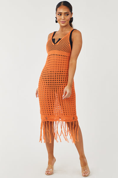 Sunset Open Crochet Tank Dress with Fringe Hem