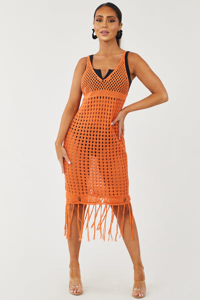 Sunset Open Crochet Tank Dress with Fringe Hem