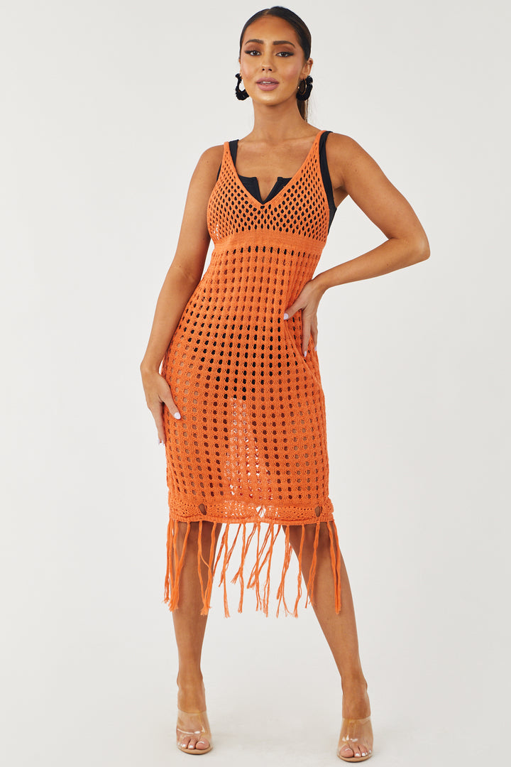 Sunset Open Crochet Tank Dress with Fringe Hem
