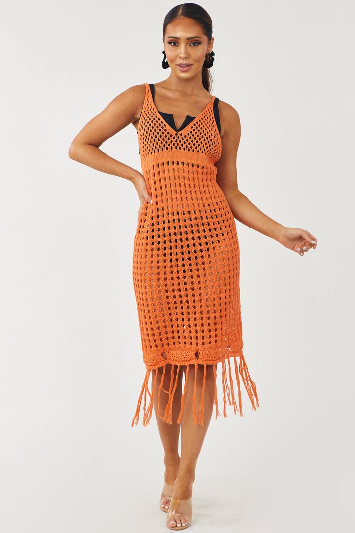 Sunset Open Crochet Tank Dress with Fringe Hem