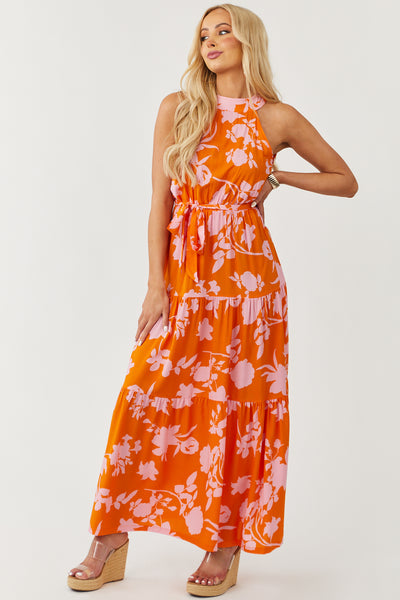 Sunset and Cherry Blossom Floral Print Halter Maxi Dress