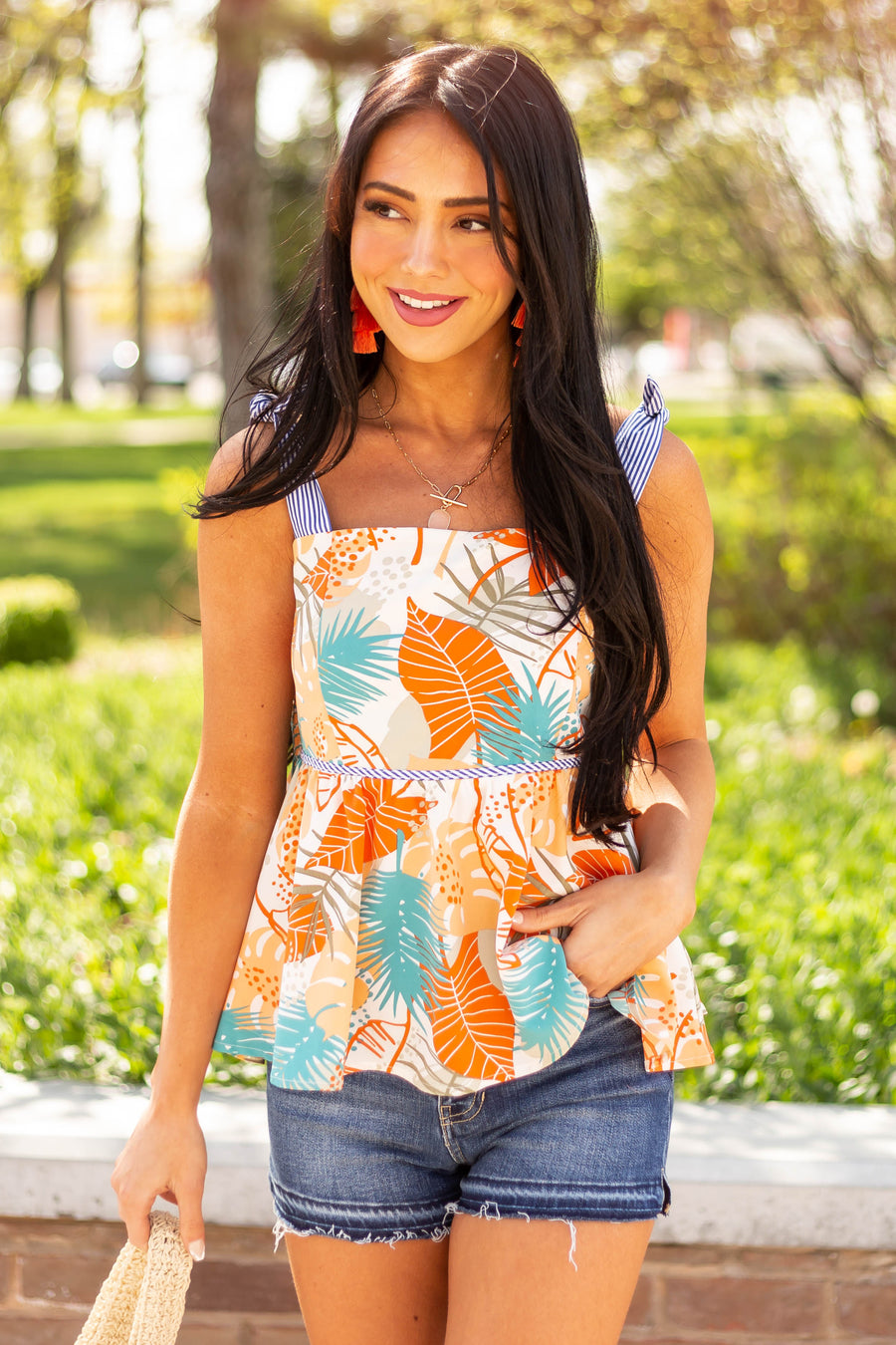 Sunset Multiprint Peplum Tank Top with Tie Straps