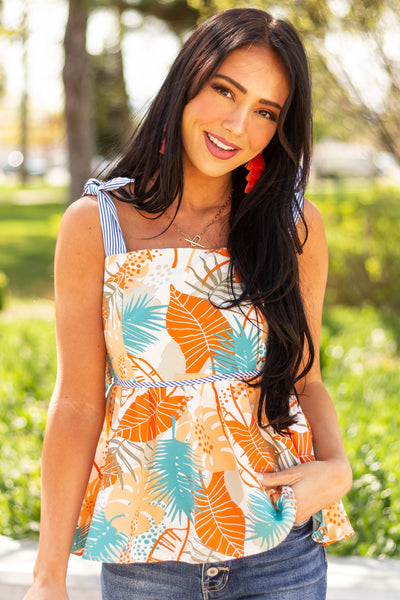 Sunset Multiprint Peplum Tank Top with Tie Straps