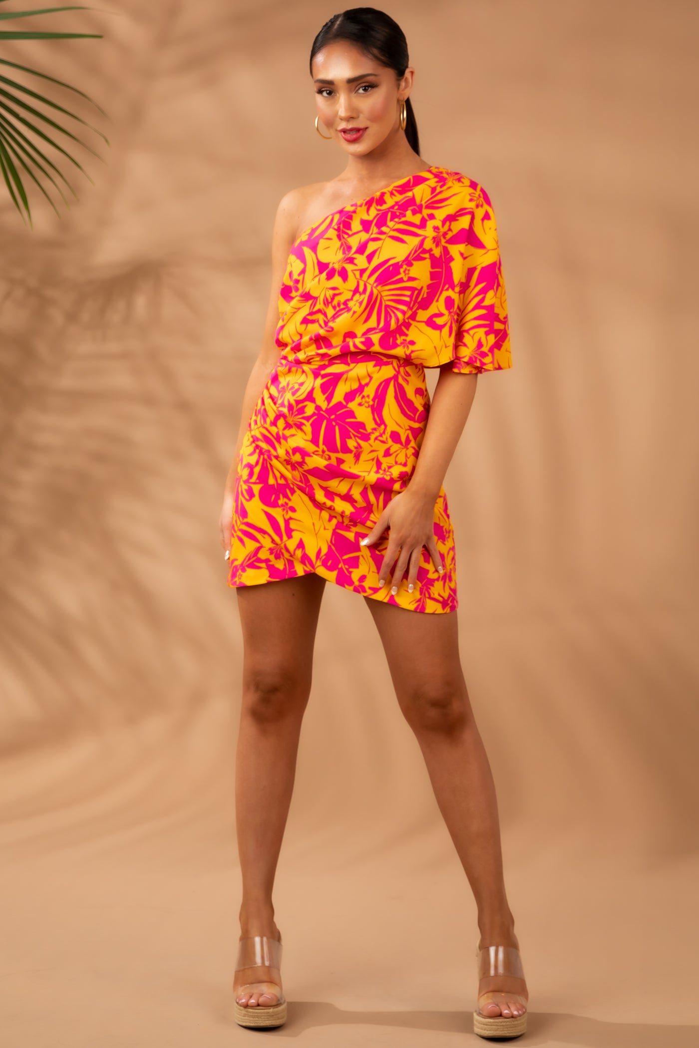 Tangerine Floral Print One Shoulder Mini Dress