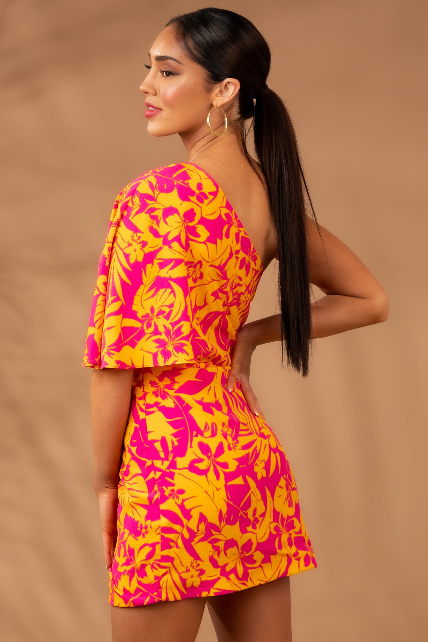 Tangerine Floral Print One Shoulder Mini Dress