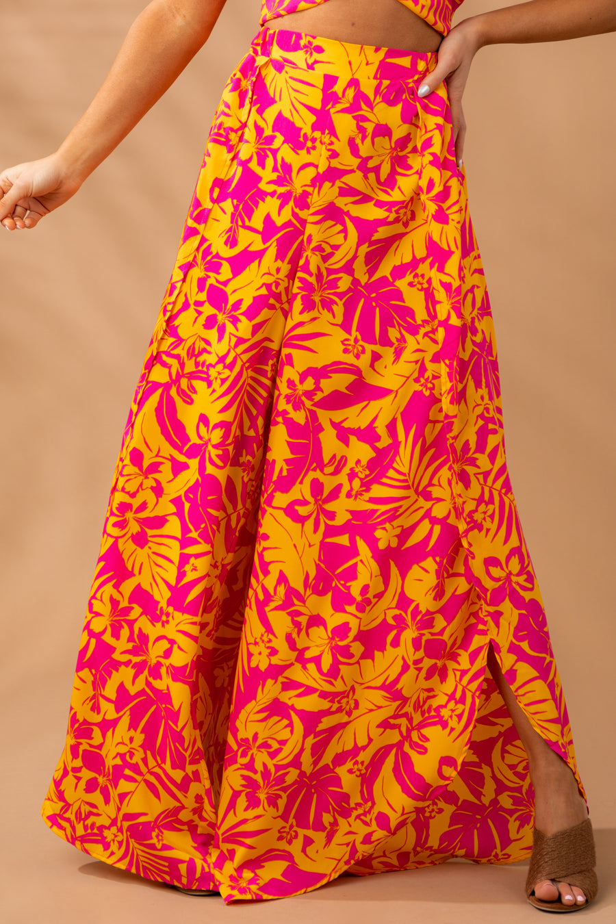 Tangerine Floral Print Slit Wrap Leg Pants