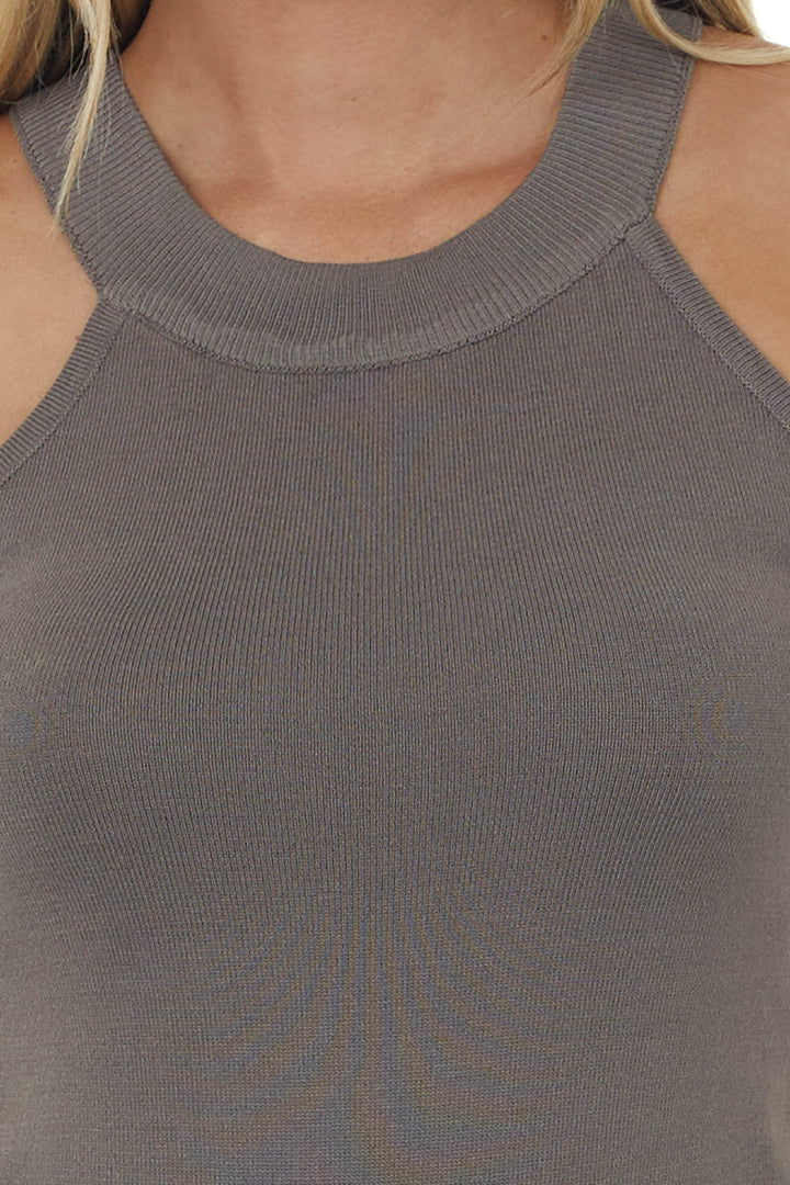 Taupe Knit Tank Top with Halter Neckline
