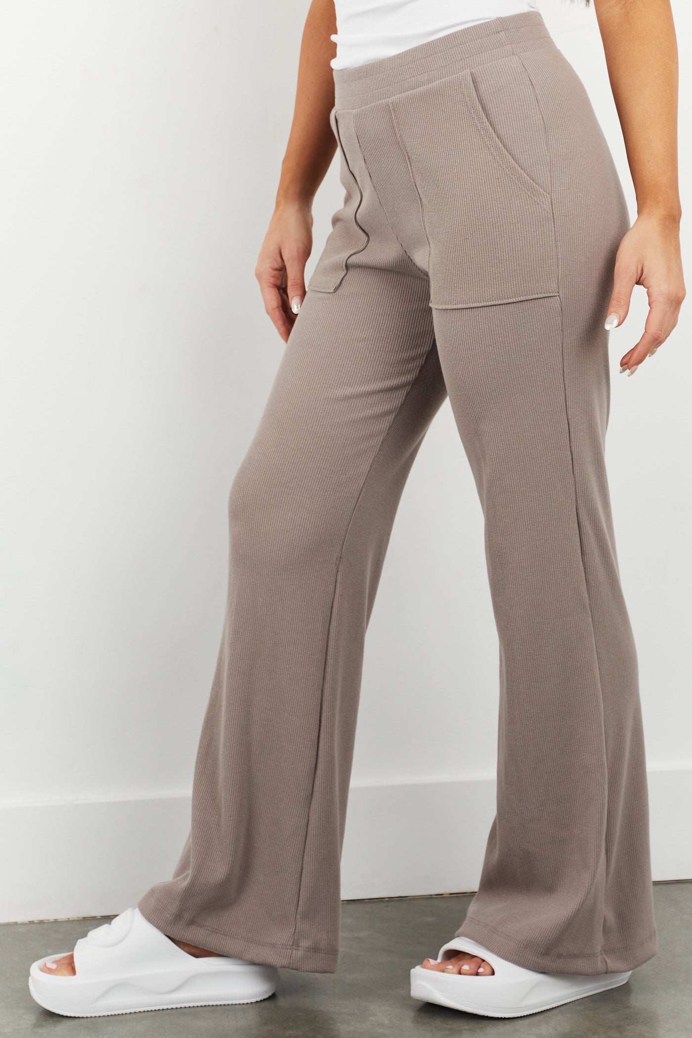 Taupe Ribbed Knit Wide Leg Comfy Pants