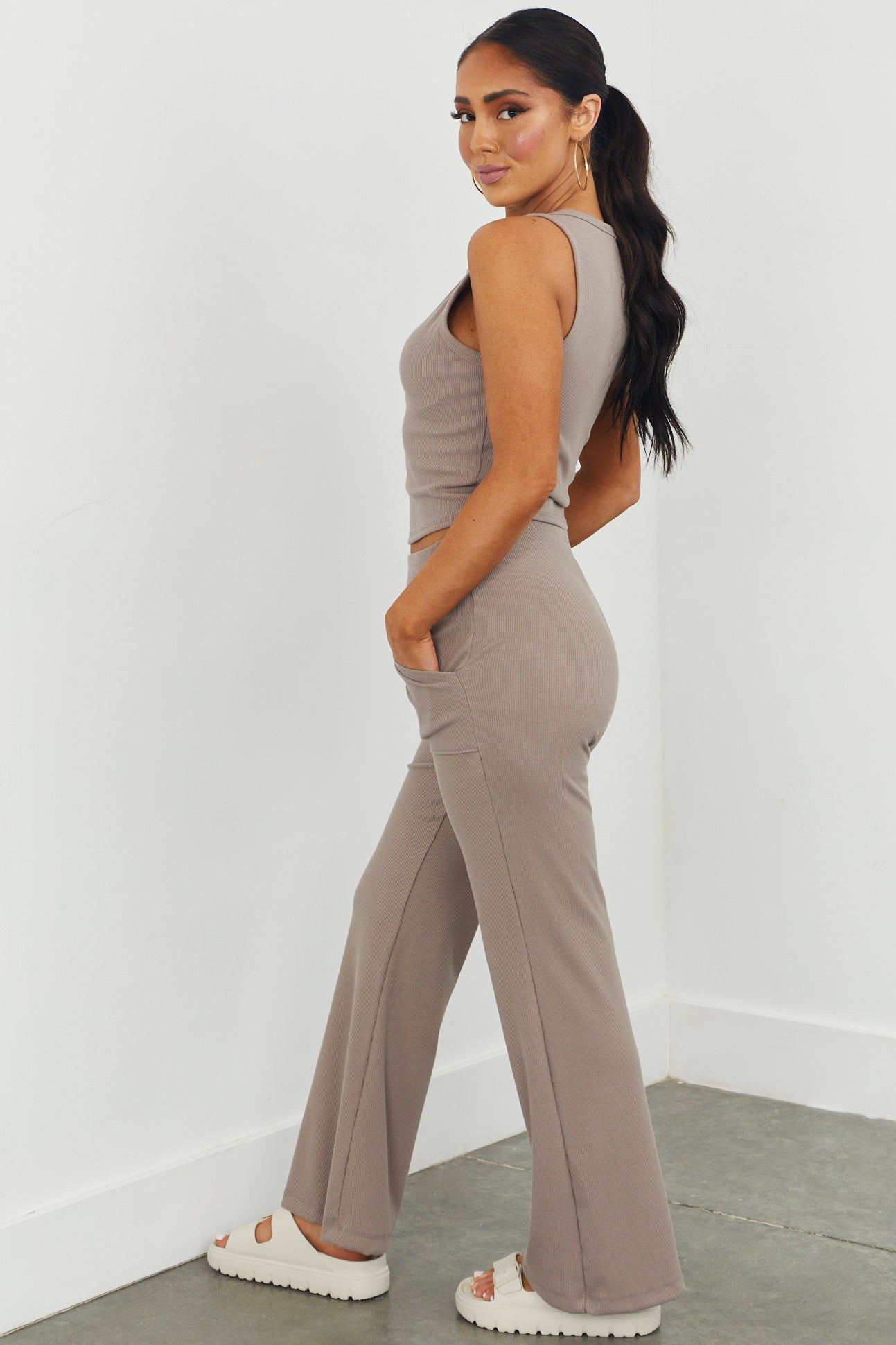Taupe Ribbed Knit Wide Leg Comfy Pants