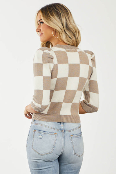 Taupe and Ivory Checkered Puff Sleeve Sweater