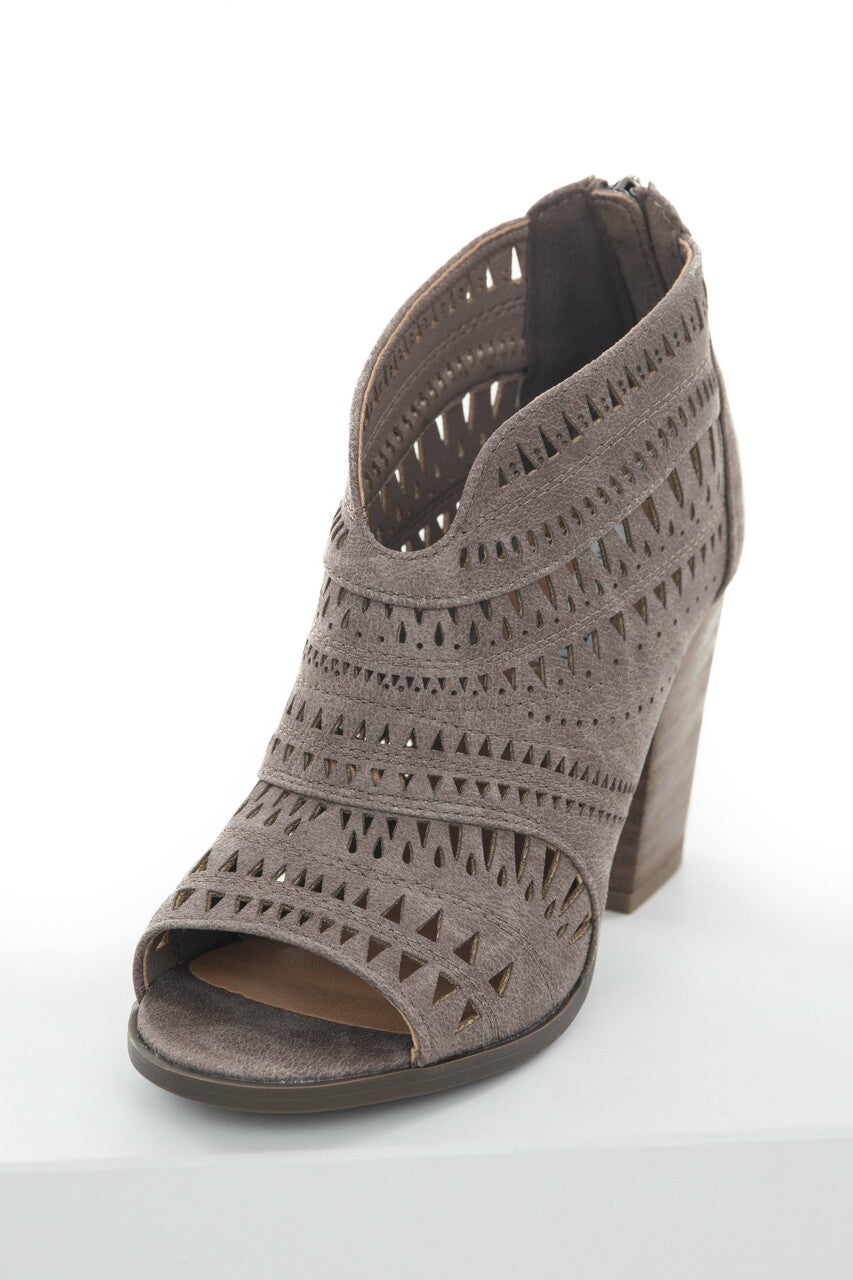 Taupe Laser Cut Out Peep Toe High Heel Booties 