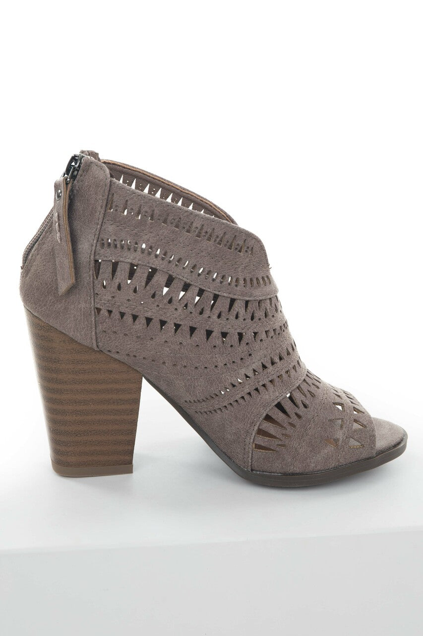 Taupe Laser Cut Out Peep Toe High Heel Booties 