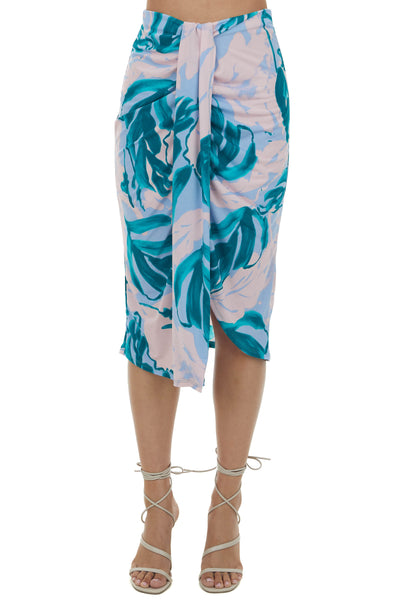 Teal Abstract Faux Wrap Knit Elastic Midi Skirt