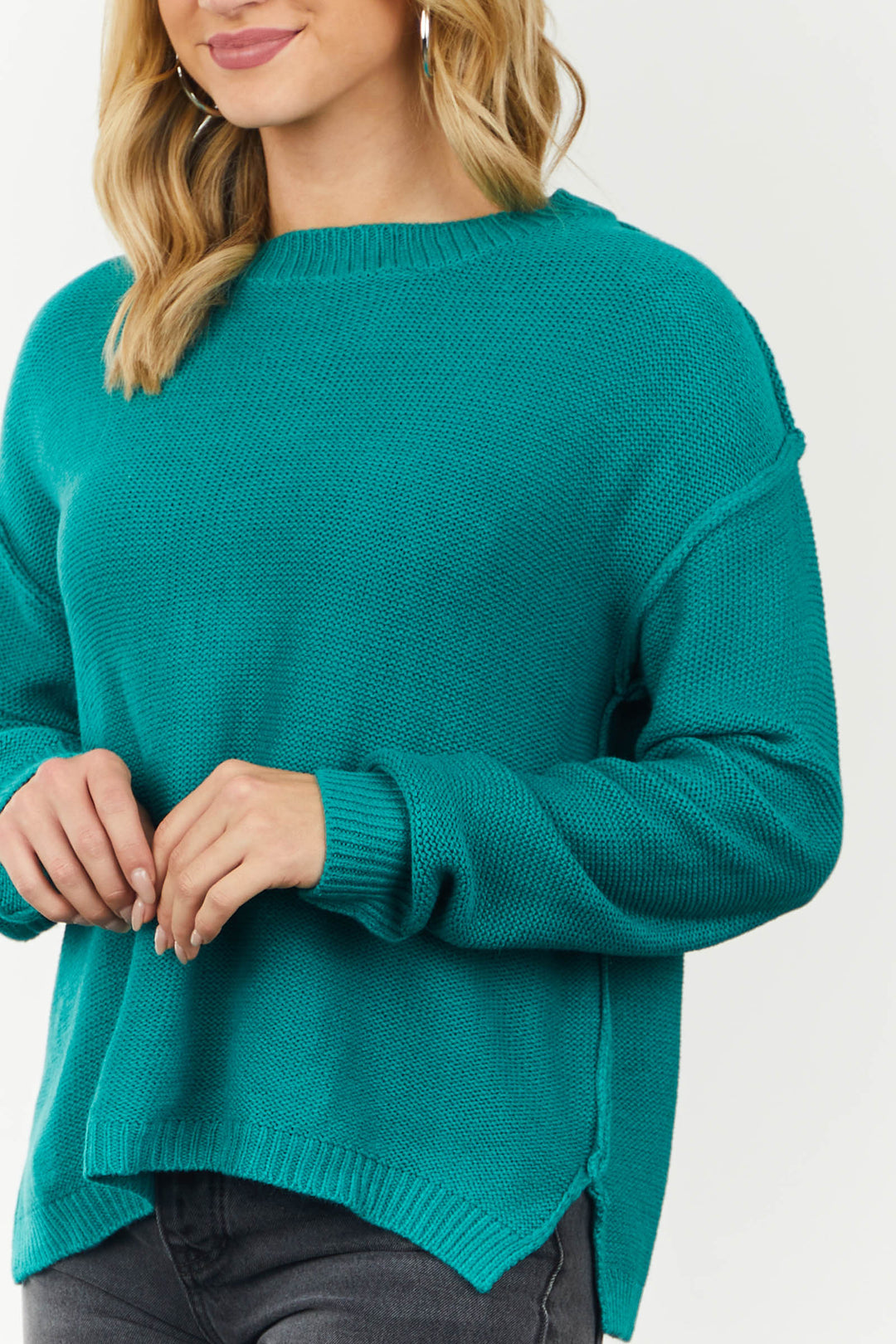 Teal Exposed Seam Side Slit Sweater & Lime Lush