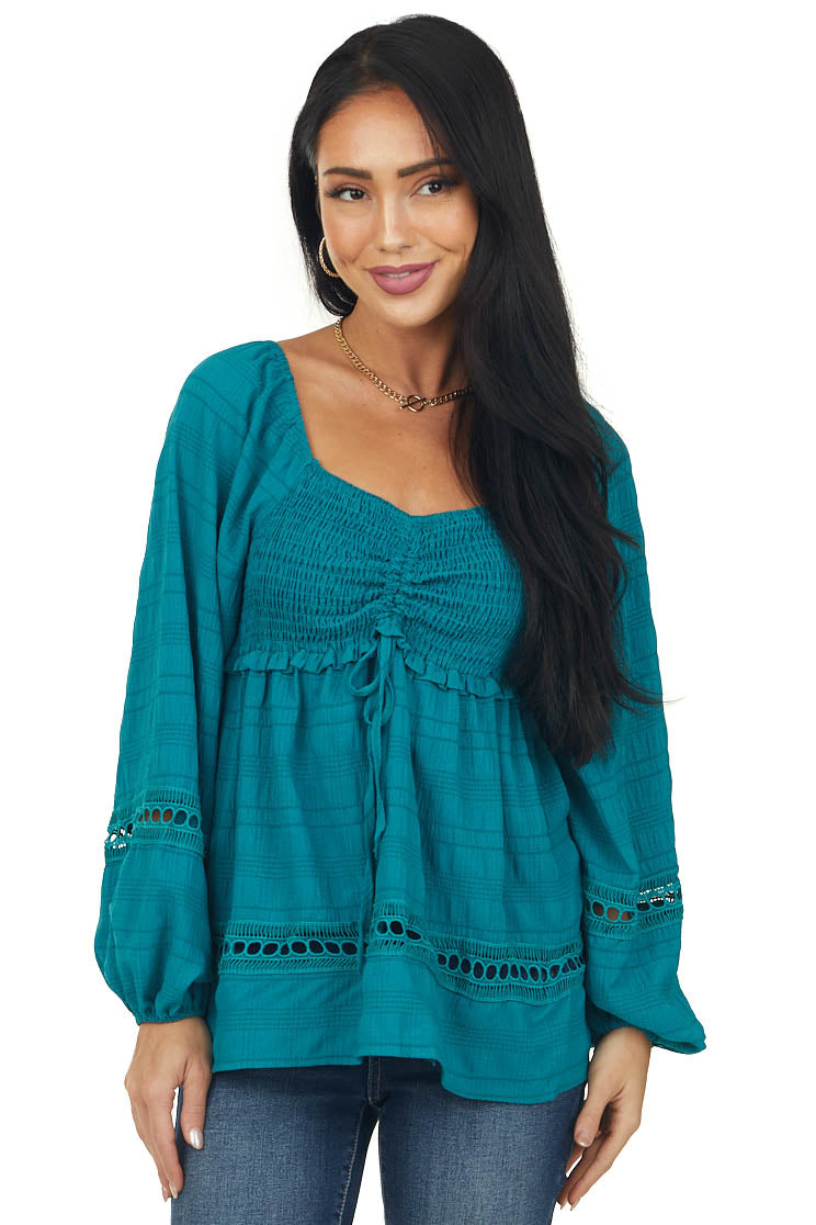 Teal Smocked Bust Lace Detailed Blouse
