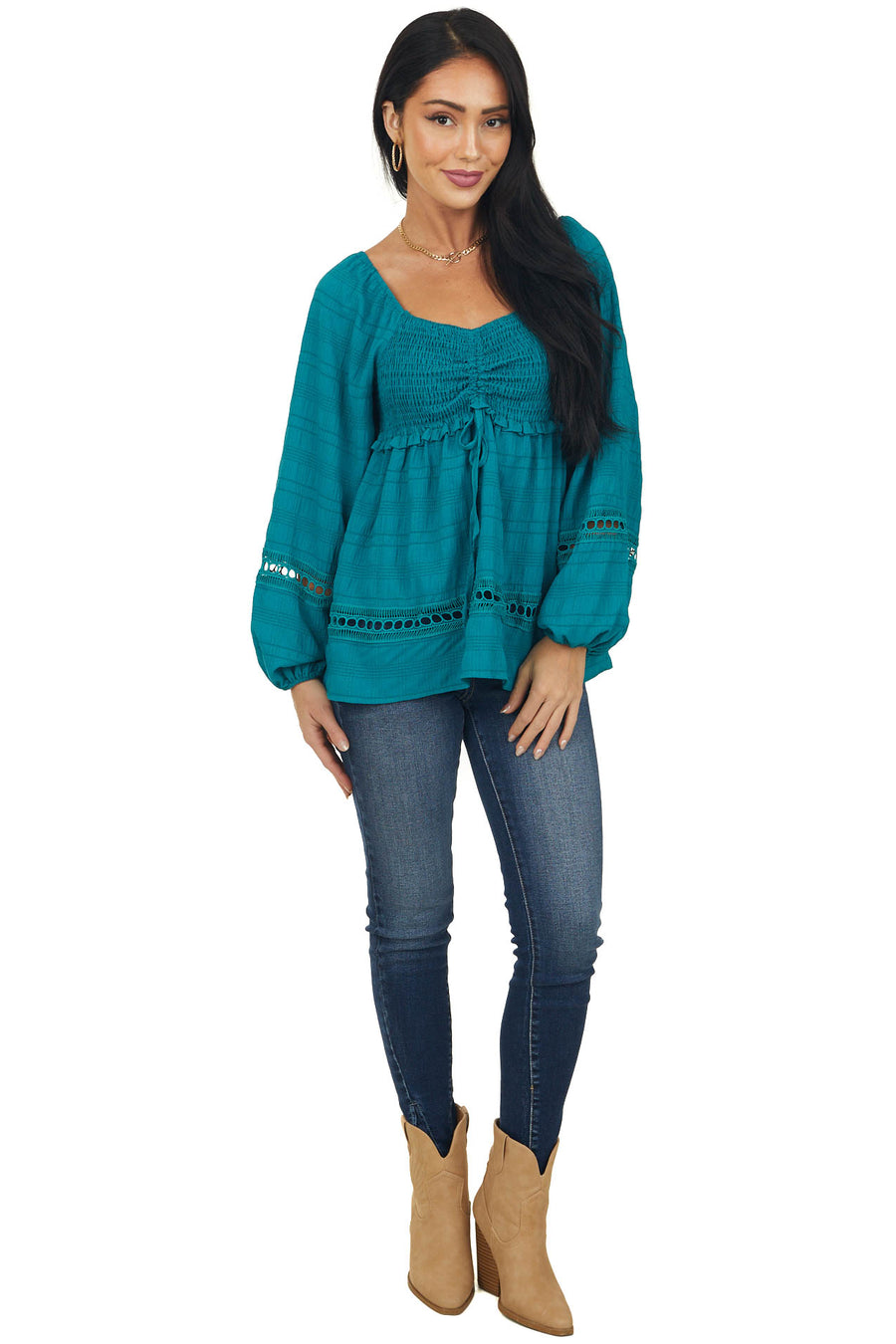 Teal Smocked Bust Lace Detailed Blouse