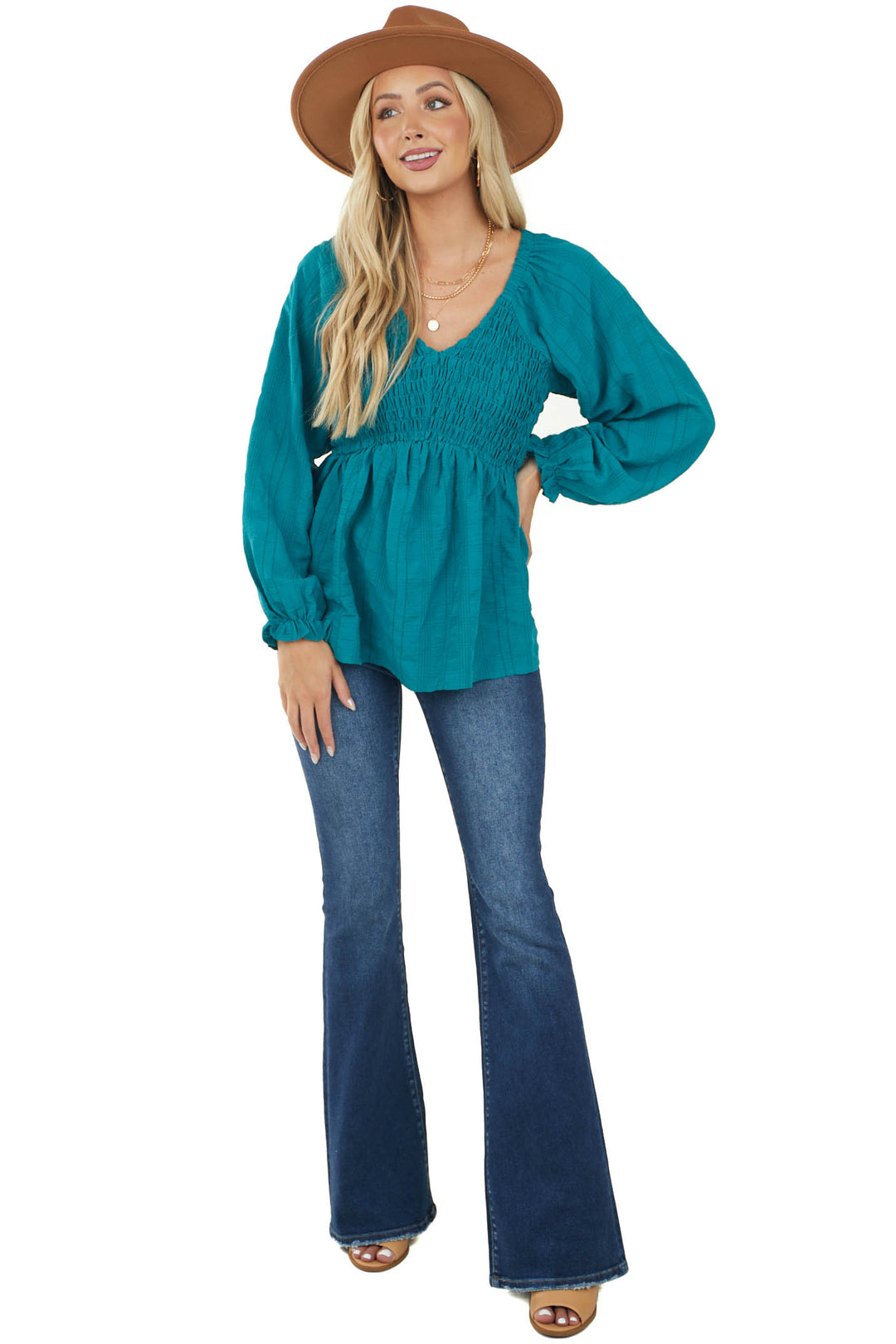 Teal Smocked Bust Long Sleeve Babydoll Blouse & Lime Lush
