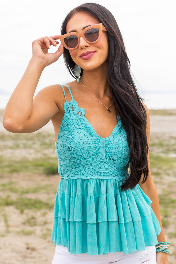Teal Blue Crochet Lace Top with Bow Tie Back
