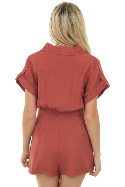 Terracotta Button Front Woven Romper with Waist Tie