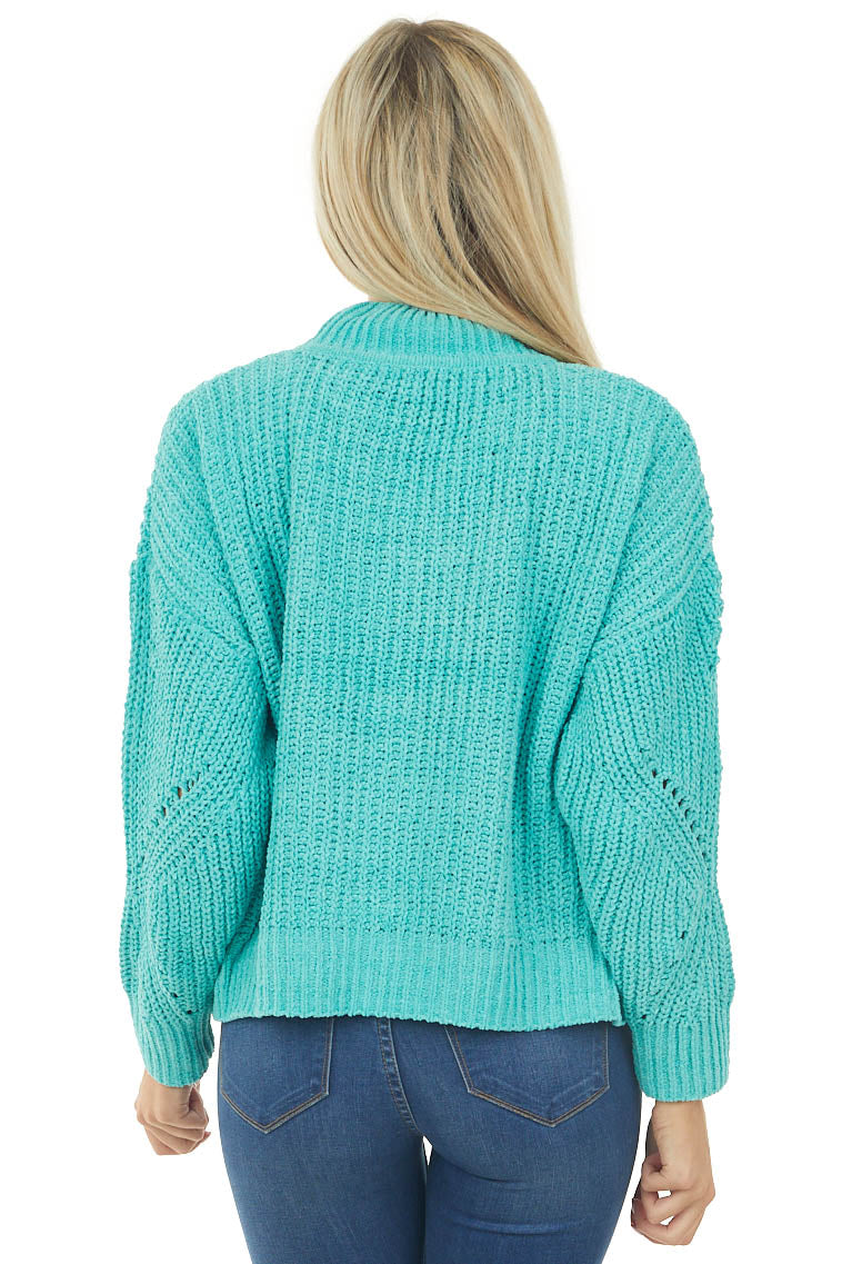 Turquoise Mock Neck Pointelle Chenille Sweater