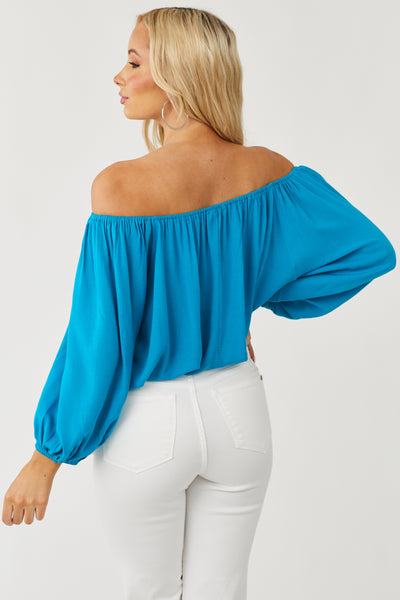 Turquoise Off Shoulder Long Bubble Sleeve Top