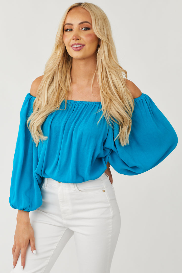 Turquoise Off Shoulder Long Bubble Sleeve Top