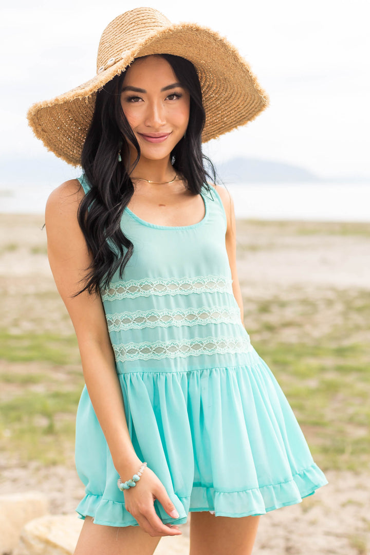 Turquoise Sleeveless Sheer Tank Top with Lace