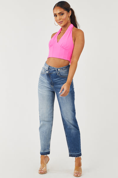 Two Tone High Rise Crossover Waist Straight Jeans