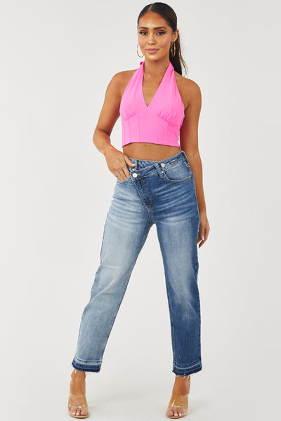Two Tone High Rise Crossover Waist Straight Jeans