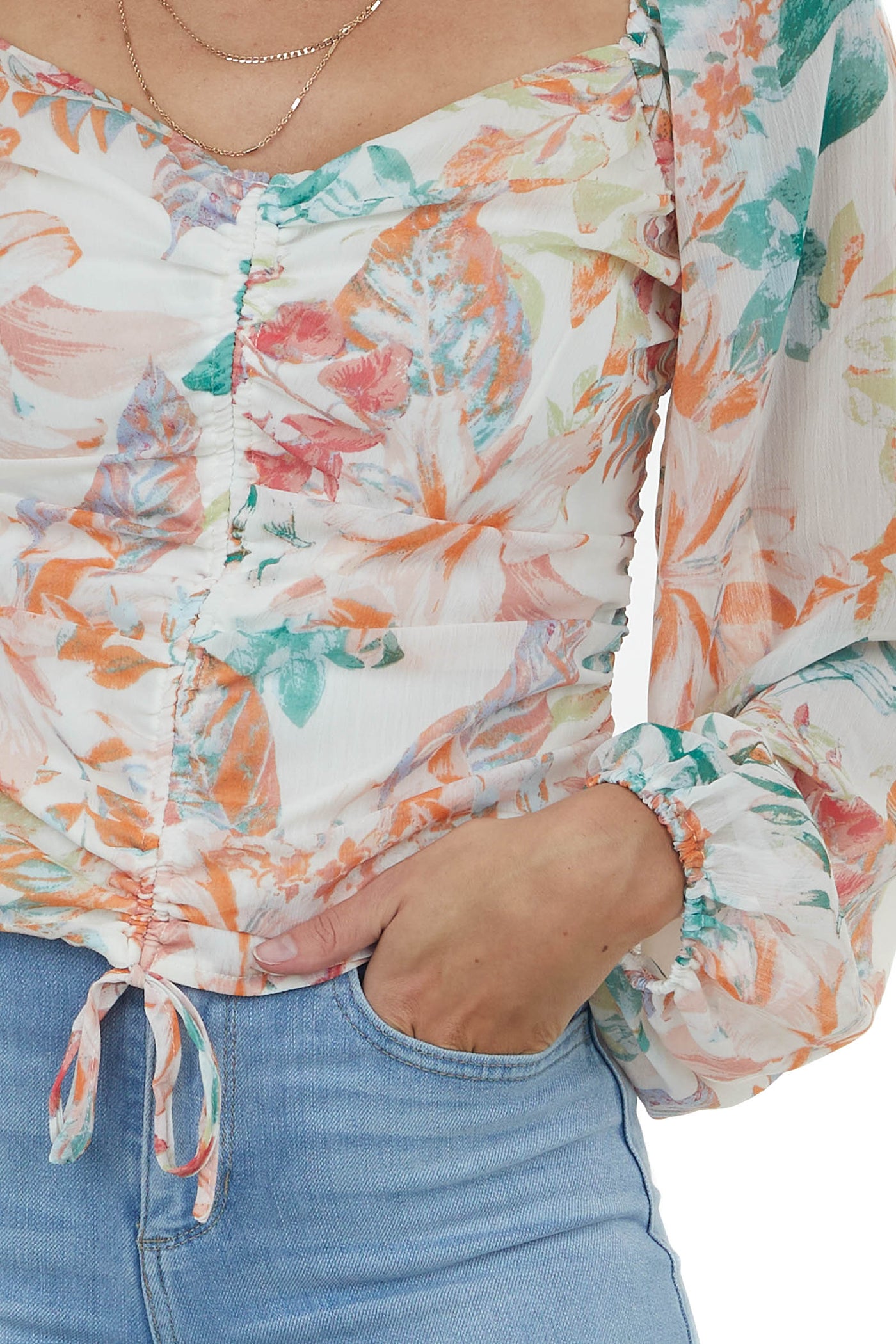 Vanilla Floral Ruched Front Cropped Blouse