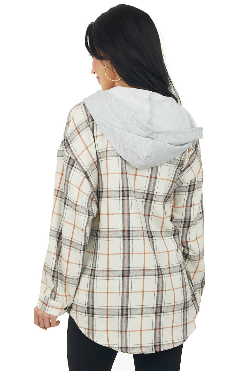 Vanilla Plaid Drawstring Hooded Flannel Top