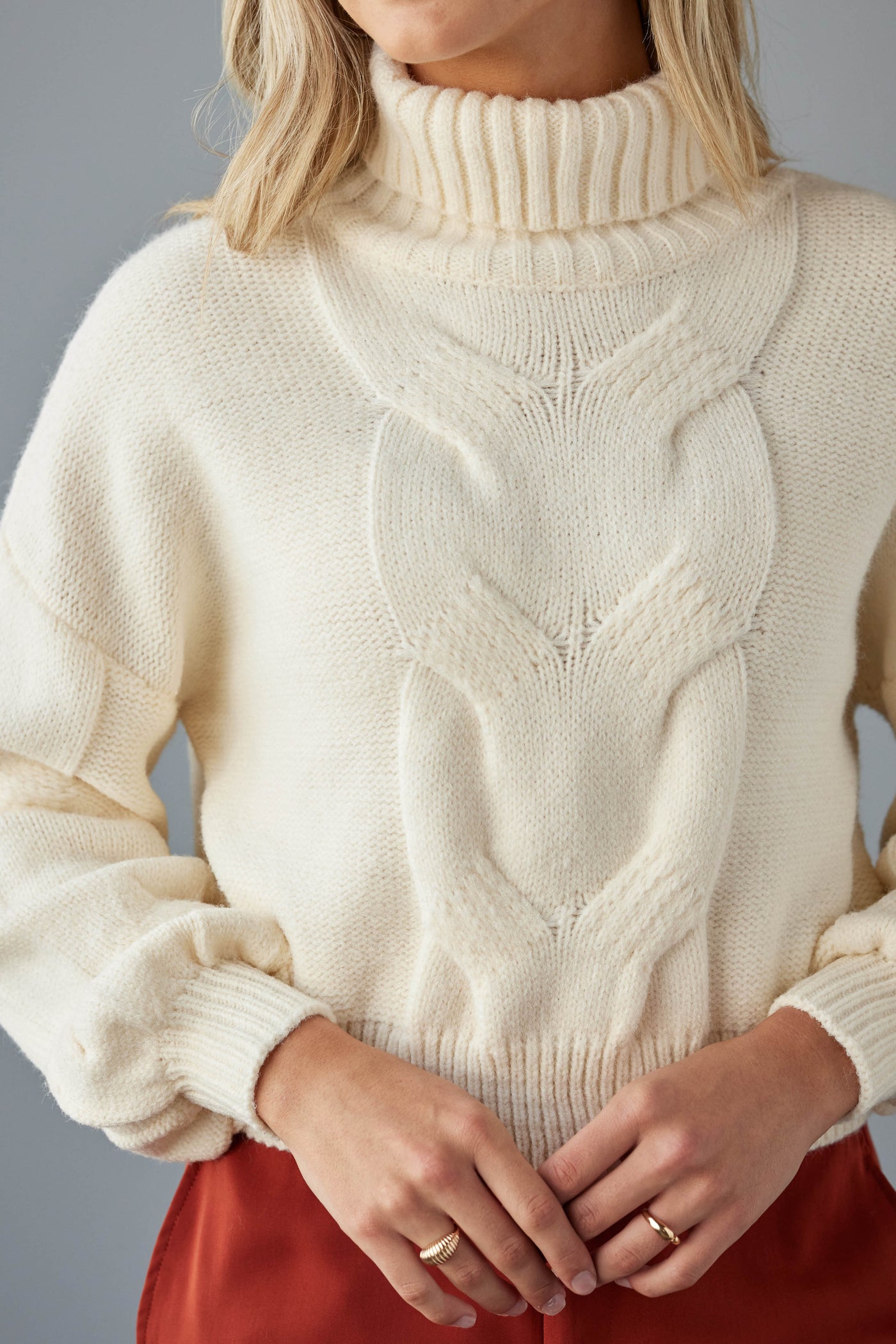 Vanilla Turtleneck Thick Cable Knit Sweater