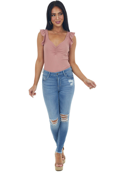 Vintage Rose V Neck Ruched Bust Ribbed Knit Top