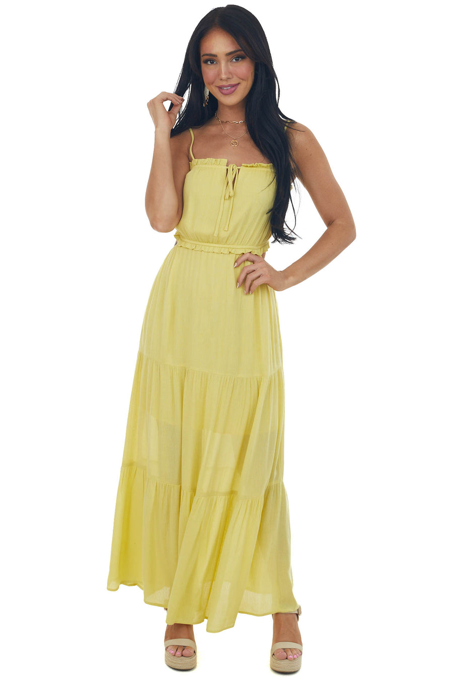 Vintage Yellow Cut Out Back Tiered Maxi Dress