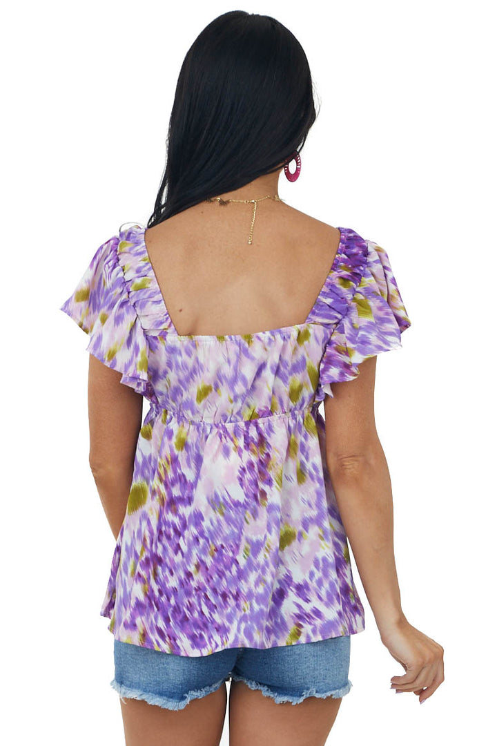 Violet Abstract Elastic V Neck Ruffle Top