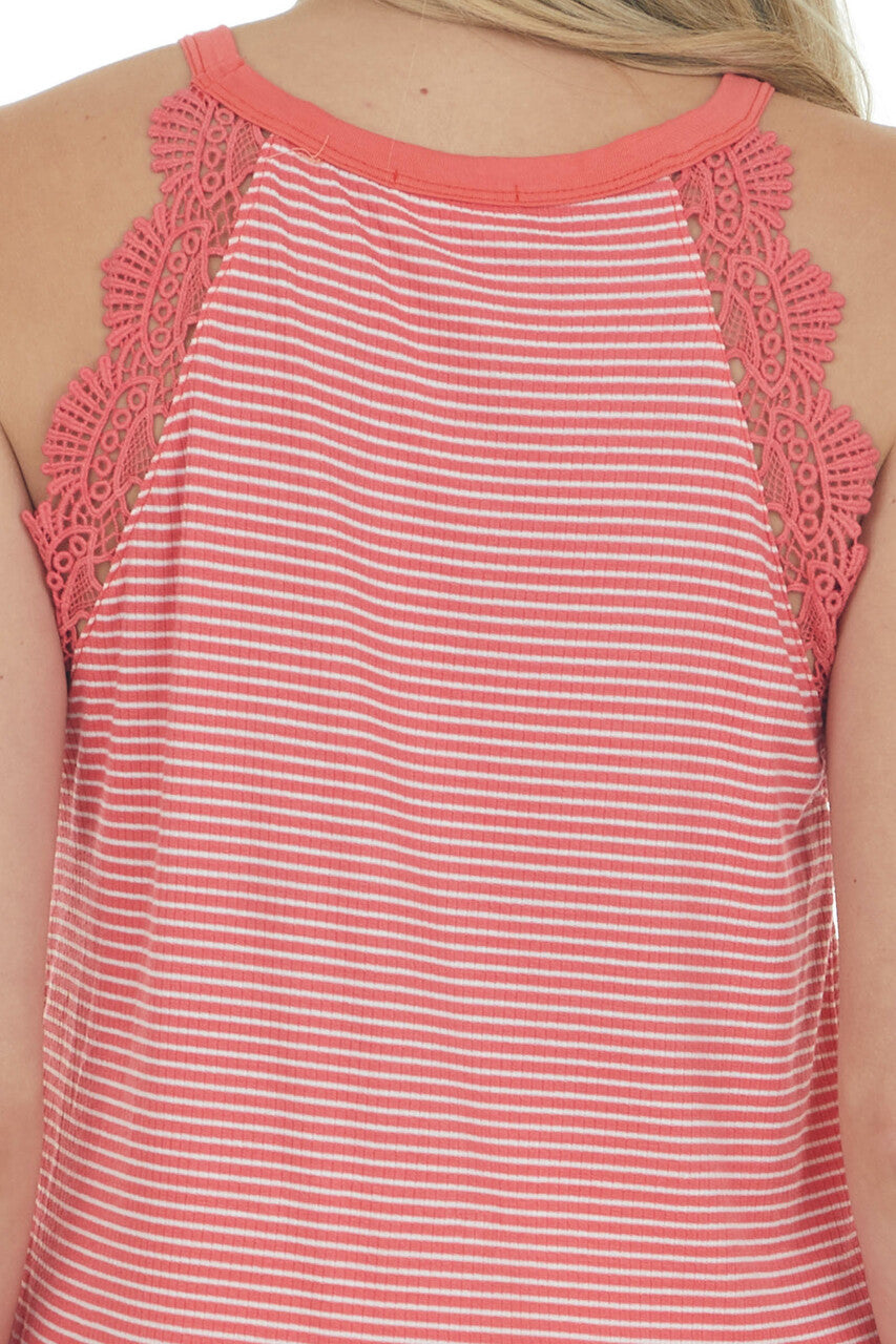 Vivid Coral Stripe Print Crocheted Peplum Sleeveless Top